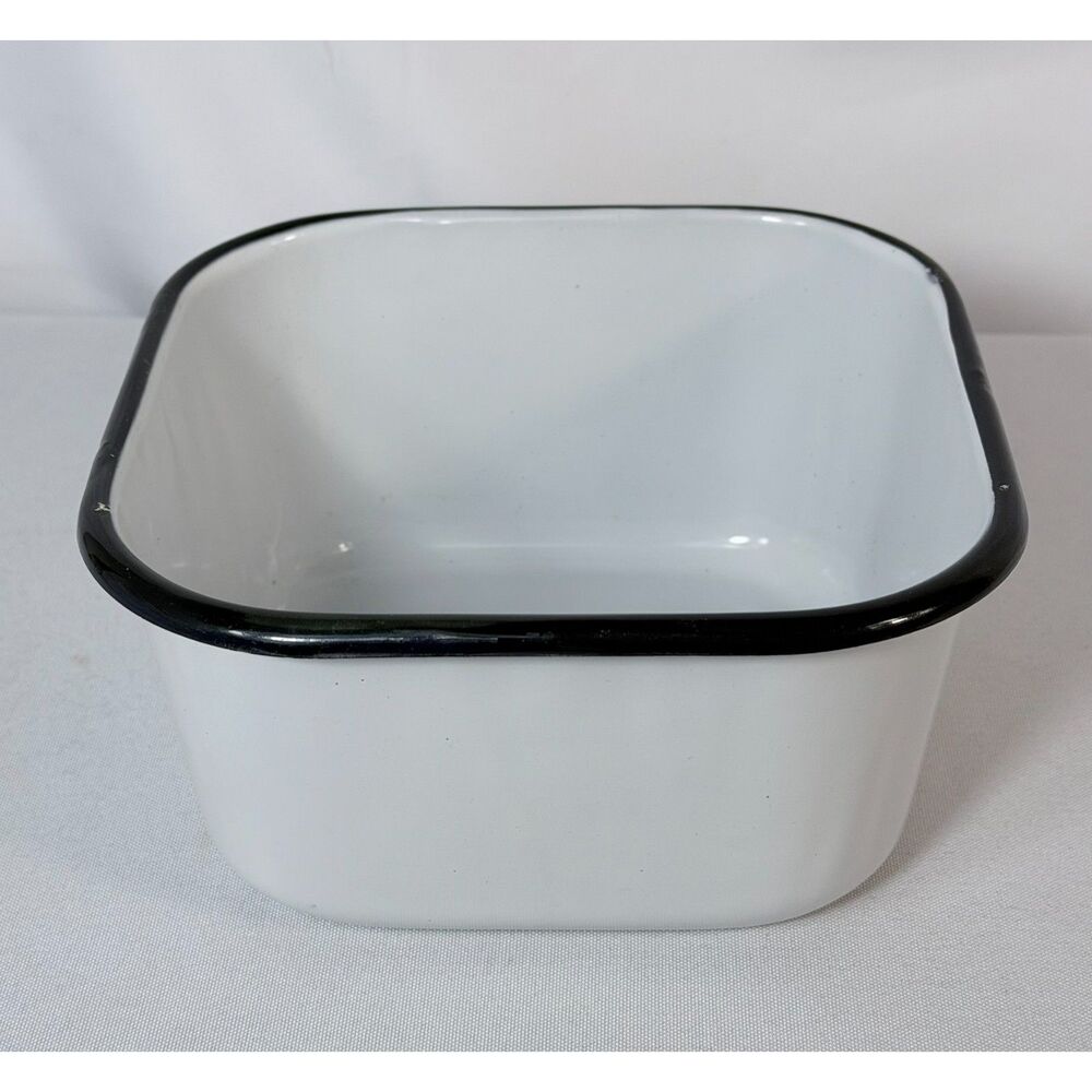 Vtg Enamelware White Black Trim Refrigerator Pan Square Farmhouse Kitchen